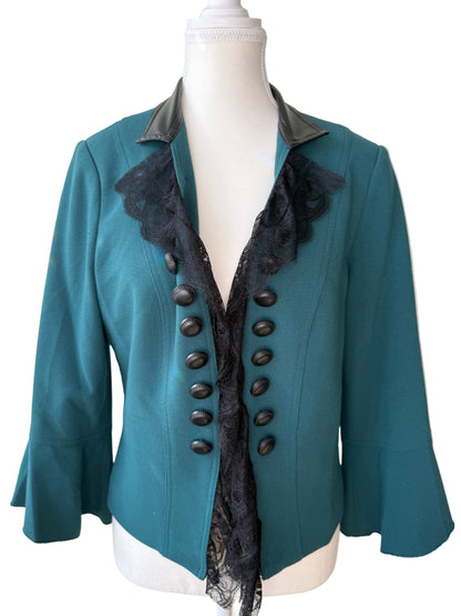 INSIGHT New York Women's Teal Jacket with Faux Leather Collar & Lace