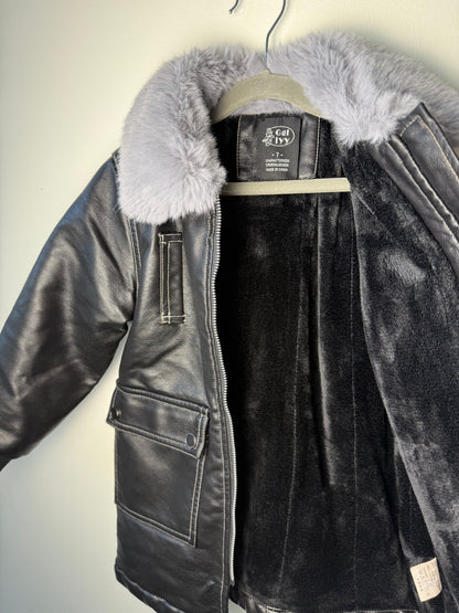 Y2K Girls' Black Long Leather Zip-Up Jacket with Grey Fur Collar