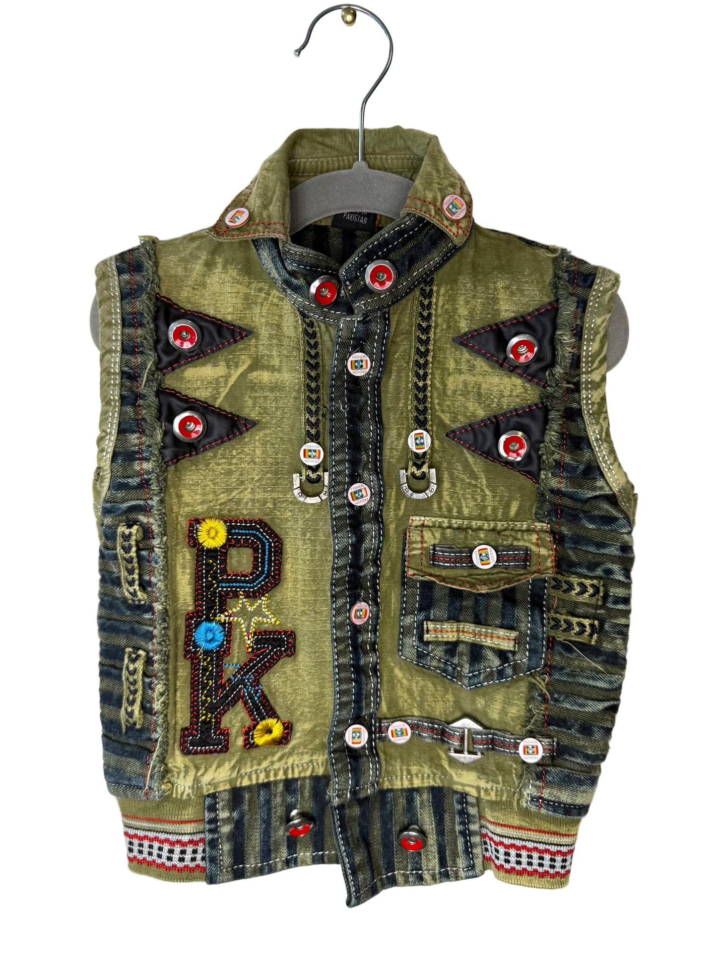 Y2K Kids' Green Denim Vest With Colorful Patches & Buttons