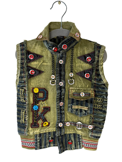 Y2K Kids' Green Denim Vest With Colorful Patches & Buttons