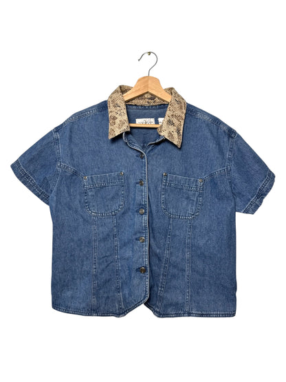 Villager Sport Women's Blue Denim Cropped Shirt with Snake Print Collar