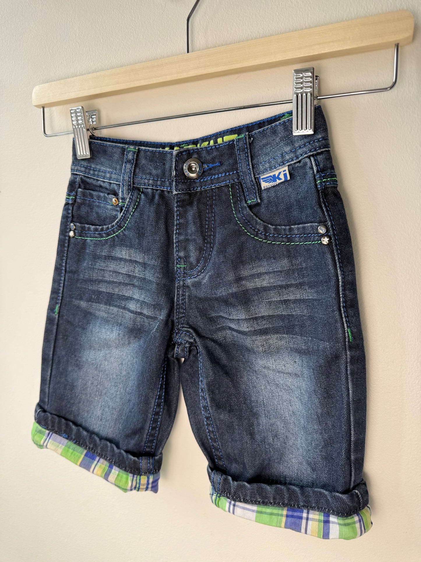 KATKUT JEANS Boy's Blue Denim Shorts with Plaid Details
