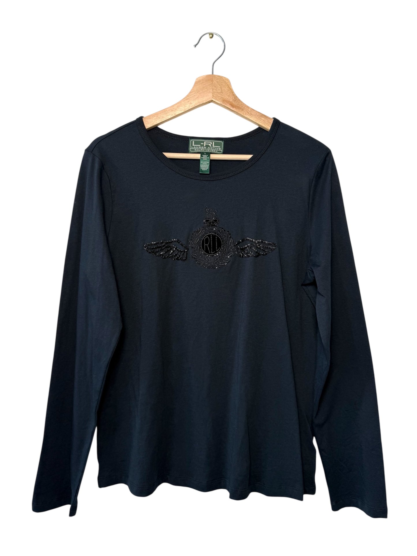 Unworn L-RL Ralph Lauren Active Beaded Crest Logo Black Long-Sleeve Shirt