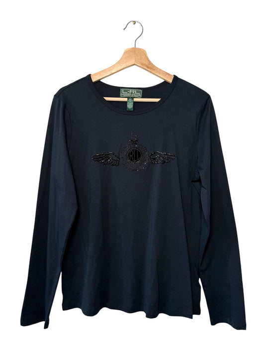 Unworn L-RL Ralph Lauren Active Beaded Crest Logo Black Long-Sleeve Shirt