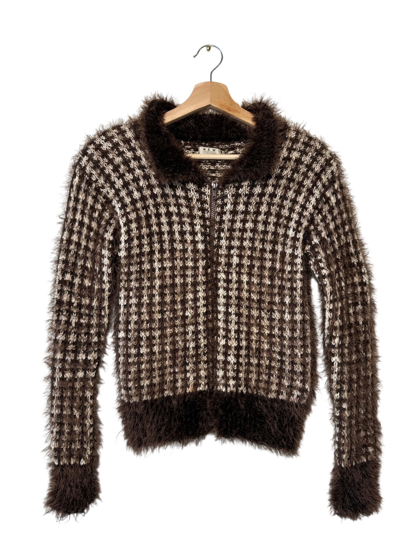 Vintage New Classic London Women's Brown Fuzzy Zip-Up Cardigan