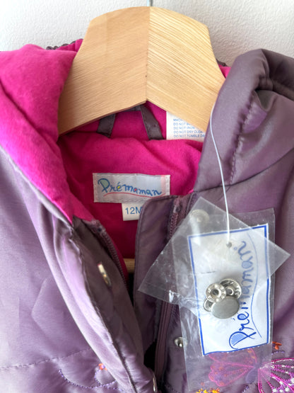 Unworn Vintage Prémaman Baby Purple Snowsuit with Butterfly Embroidery