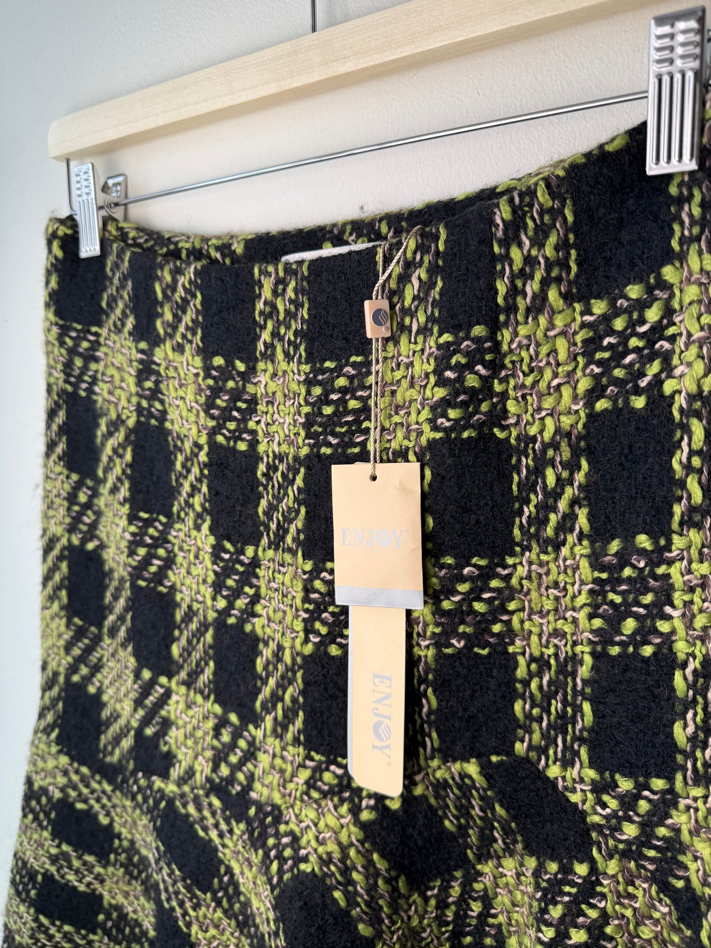 Unworn Y2K ENJOY Women's Black & Lime Green Plaid Tweed Skirt