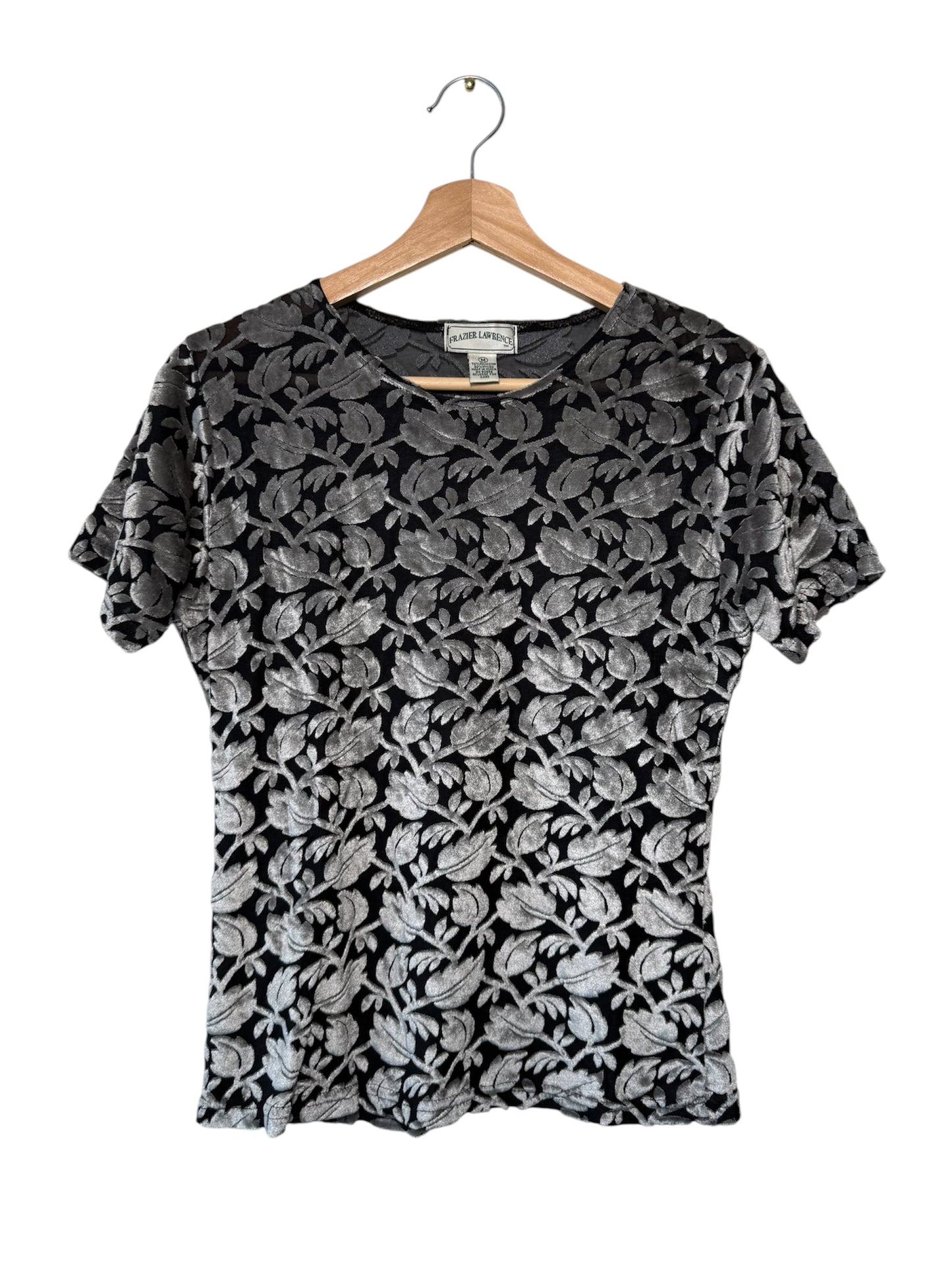 Vintage Frazier Lawrence Women's Silver & Black Floral Sheer Velvet Top