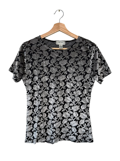 Vintage Frazier Lawrence Women's Silver & Black Floral Sheer Velvet Top