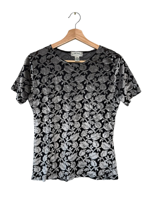 Vintage Frazier Lawrence Women's Silver & Black Floral Sheer Velvet Top