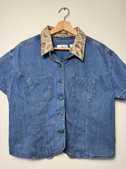 Villager Sport Women's Blue Denim Cropped Shirt with Snake Print Collar
