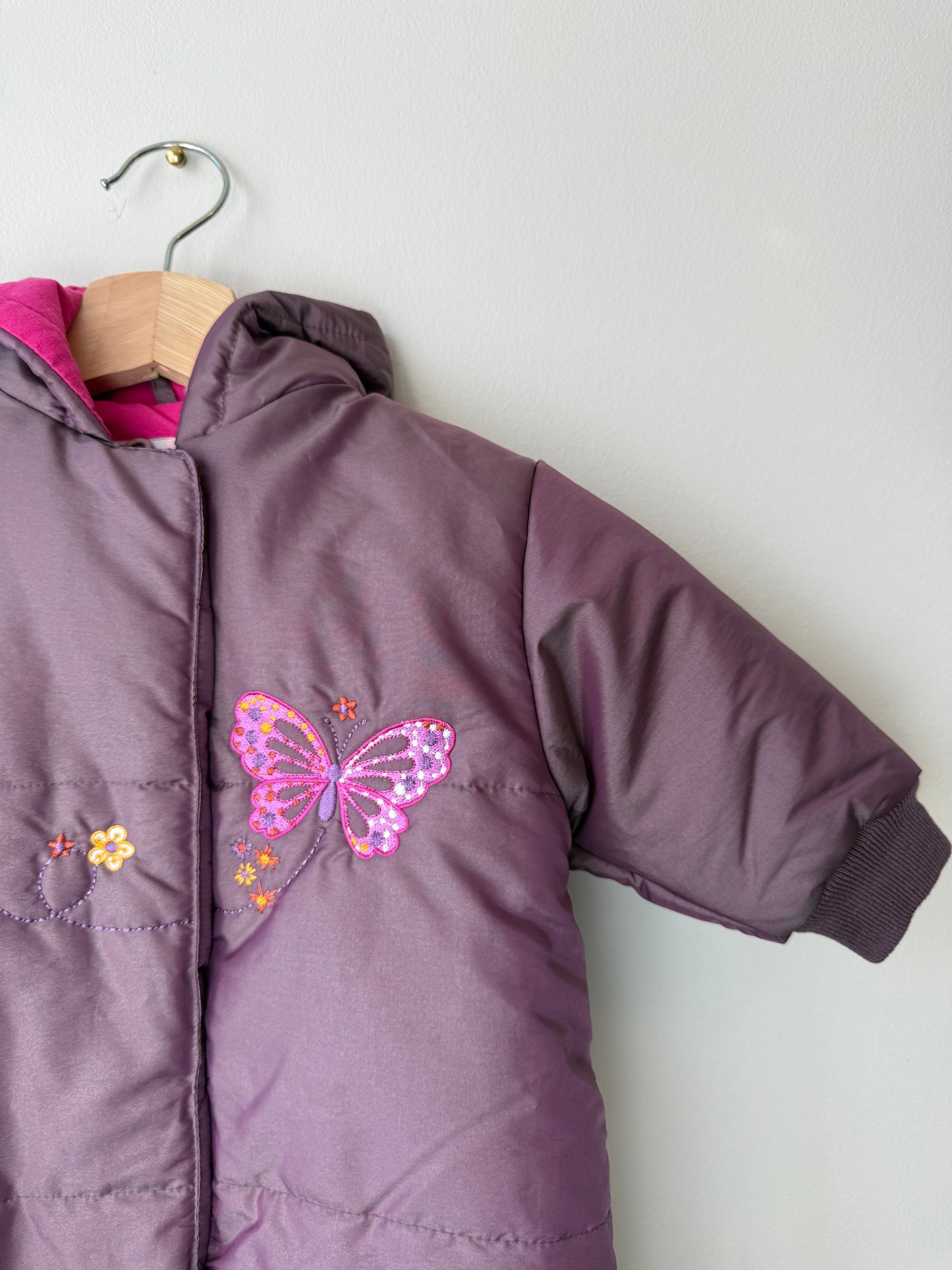 Unworn Vintage Prémaman Baby Purple Snowsuit with Butterfly Embroidery