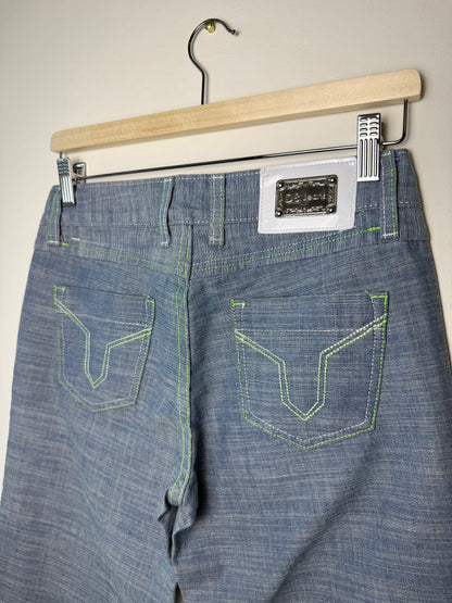 Y2K D&Jeans Women's Blue Jeans with White & Lime Green Stitching