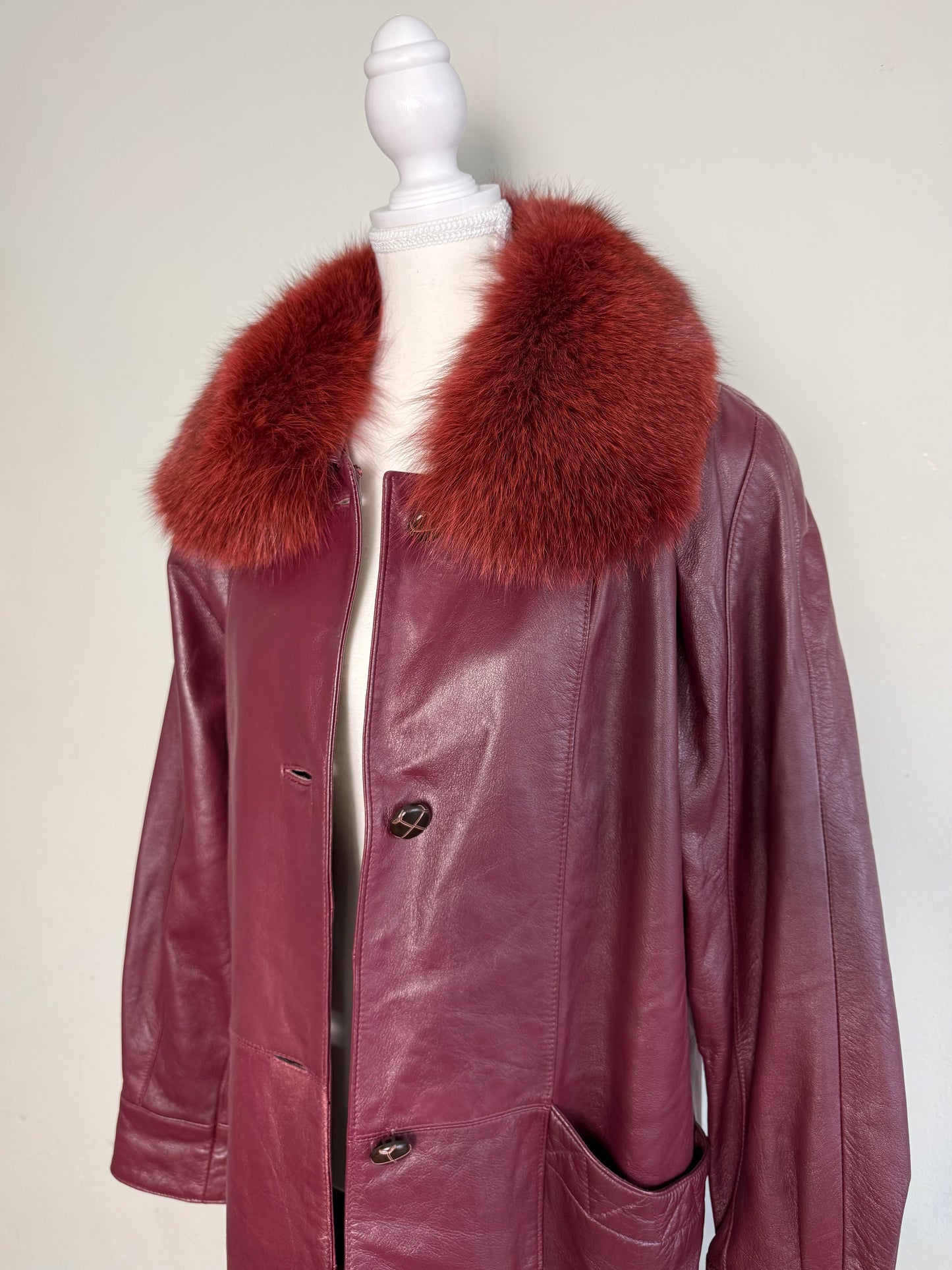 Vintage Women's Burgundy Leather Coat with Red Fur Collar