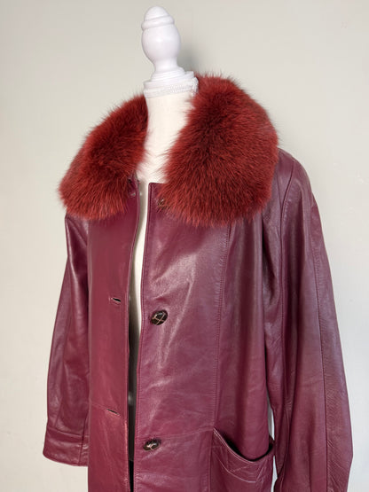Vintage Women's Burgundy Leather Coat with Red Fur Collar