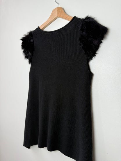 Y2K MVXSIN Women's Black Knit Top with Fur Shoulders & Silver Metal Detail