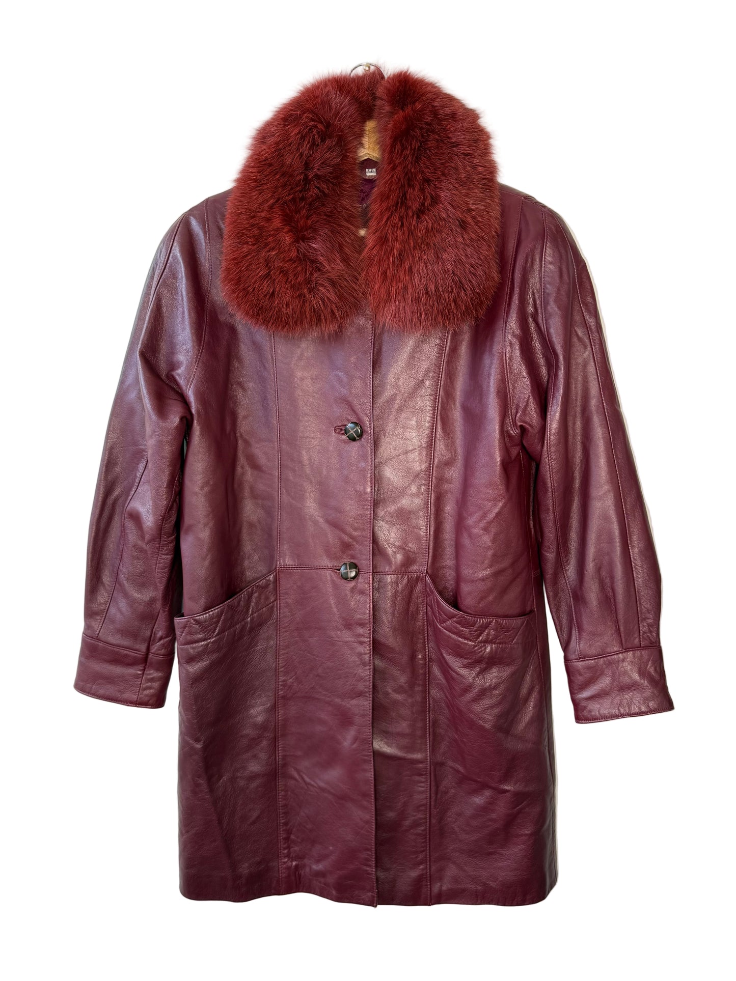 Vintage Women's Burgundy Leather Coat with Red Fur Collar