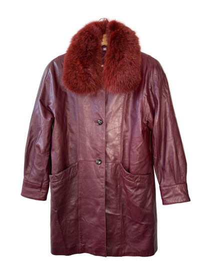 Vintage Women's Burgundy Leather Coat with Red Fur Collar