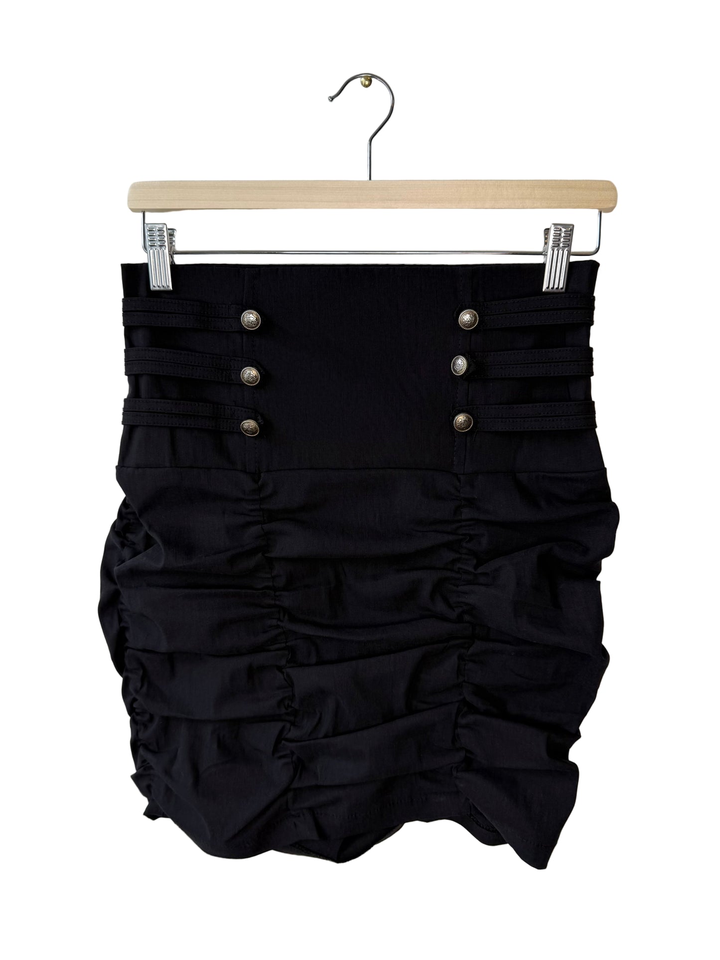 Y2K Seduction Women's Black Ruched Stretchy Skirt with Button Details