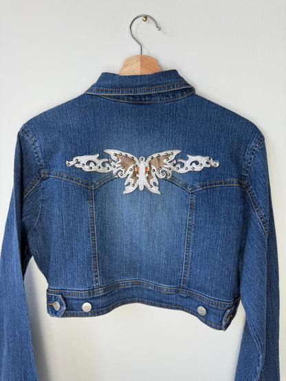 Y2K Zoey Beth Women's Cropped Denim Jacket with Silver Butterfly Patch