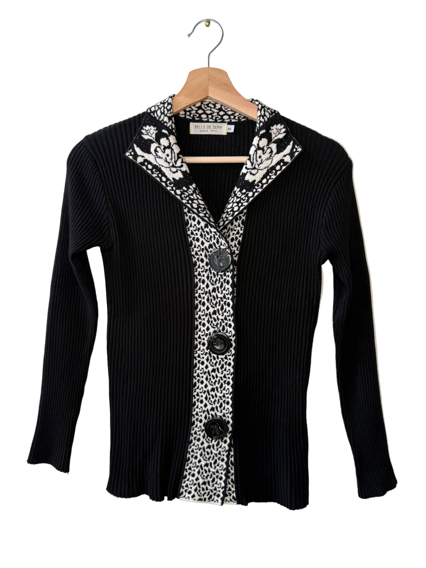 BELLE DE SERA Women's Black Ribbed Knit Sweater with Floral Collar