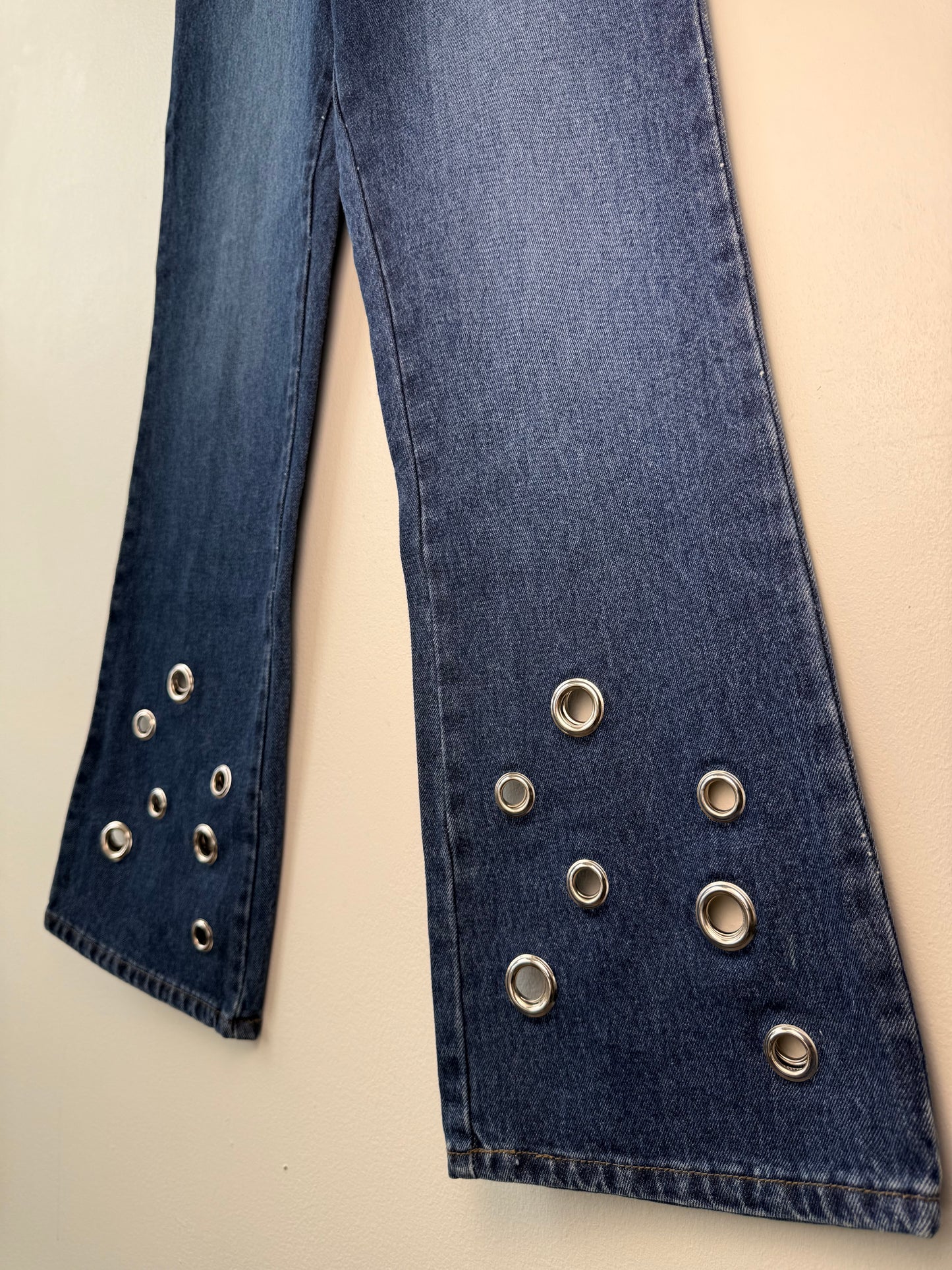 Unworn Vintage Y2K Mudd Girl's Dark Wash Flared Jeans with Silver Eyelets