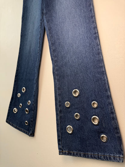 Unworn Vintage Y2K Mudd Girl's Dark Wash Flared Jeans with Silver Eyelets