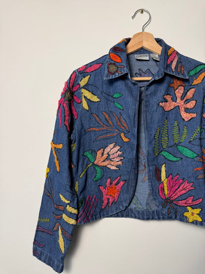Vintage Y2K Women’s Chico's Open-Front Blue Denim Jacket with Colorful Floral Embroidery
