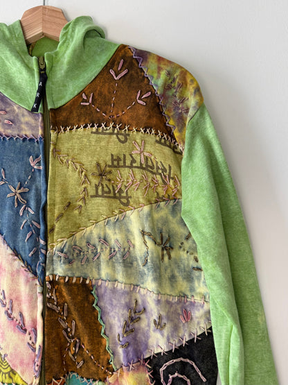 Y2K ARK Women's Green Patchwork & Embroidered Zip-Up Hoodie
