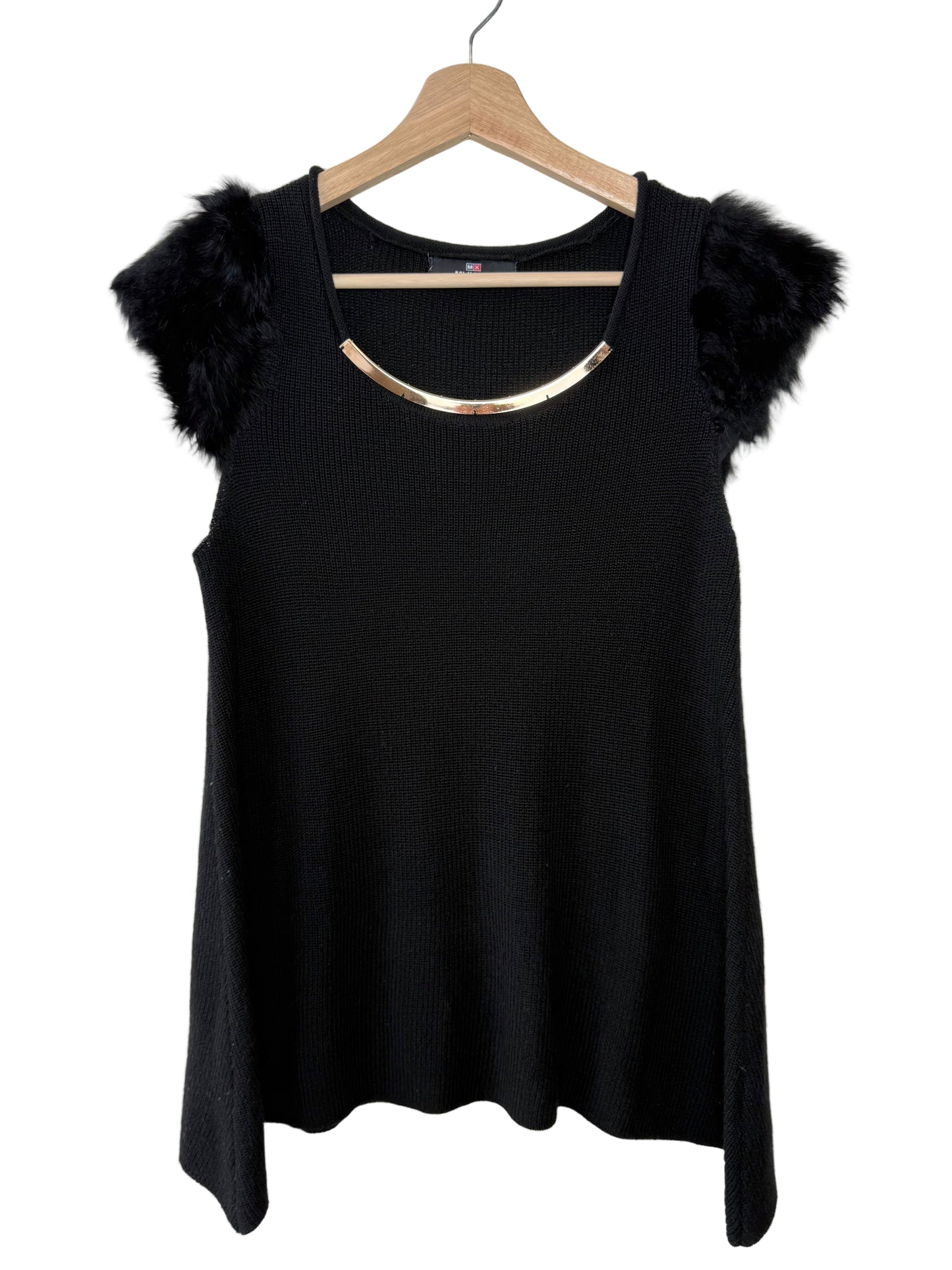 Y2K MVXSIN Women's Black Knit Top with Fur Shoulders & Silver Metal Detail