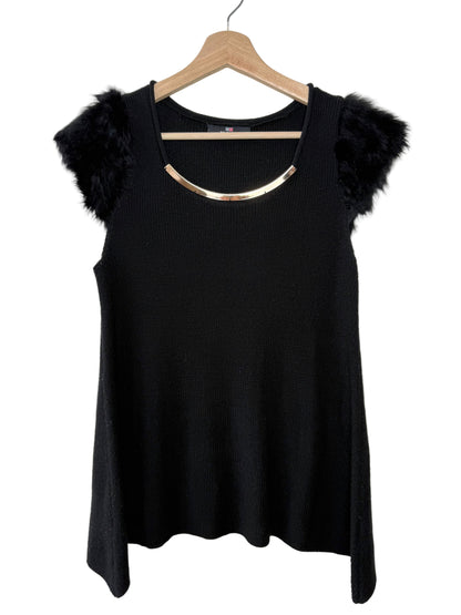 Y2K MVXSIN Women's Black Knit Top with Fur Shoulders & Silver Metal Detail