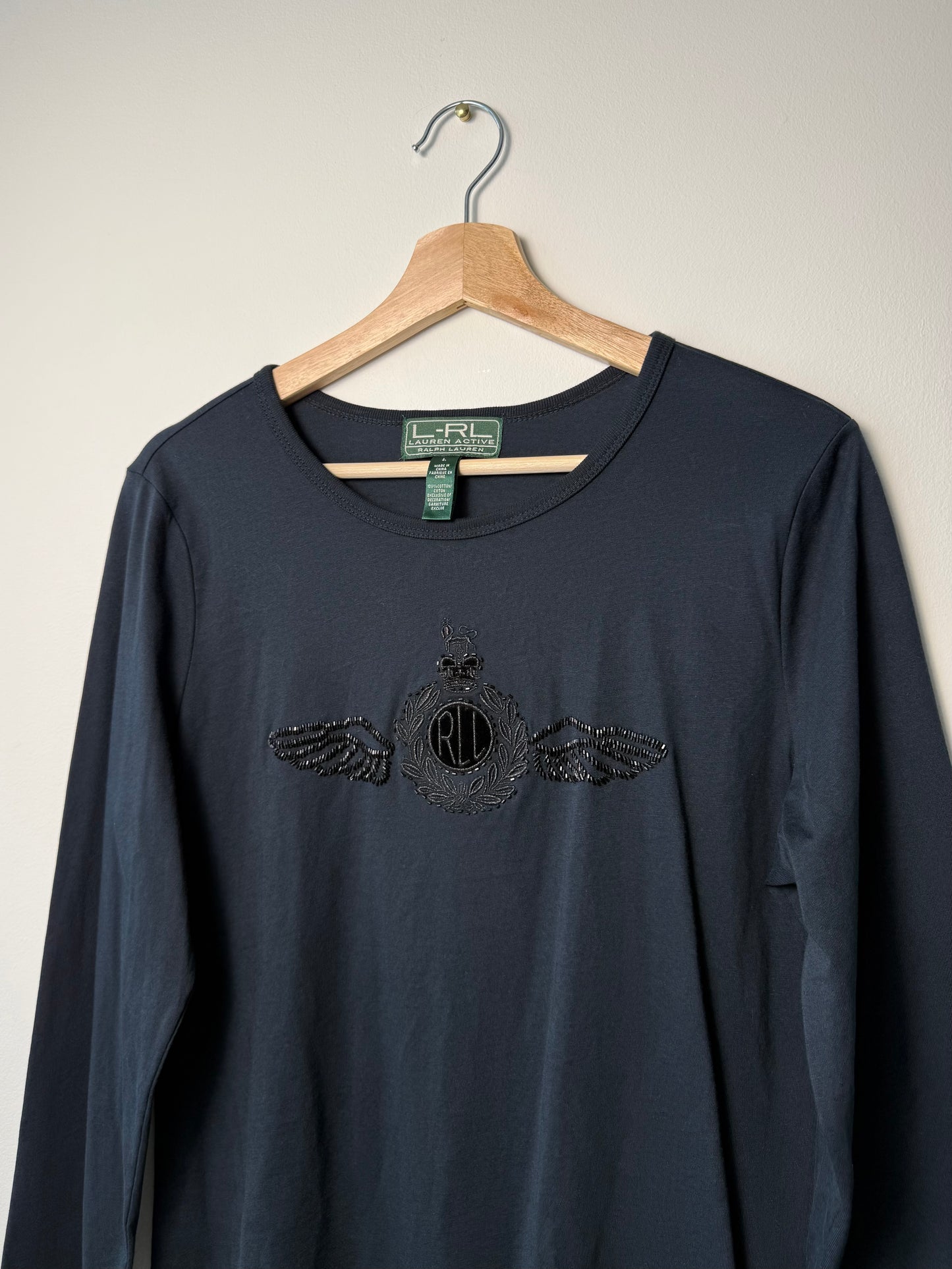 Unworn L-RL Ralph Lauren Active Beaded Crest Logo Black Long-Sleeve Shirt