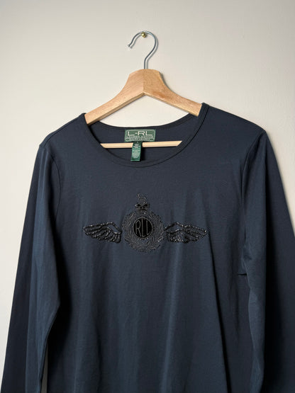 Unworn L-RL Ralph Lauren Active Beaded Crest Logo Black Long-Sleeve Shirt