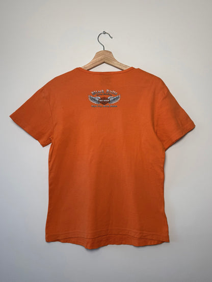 Y2K Harley Davidson Women's Orange Sturgis Rally T-shirt with Rhinestone Details