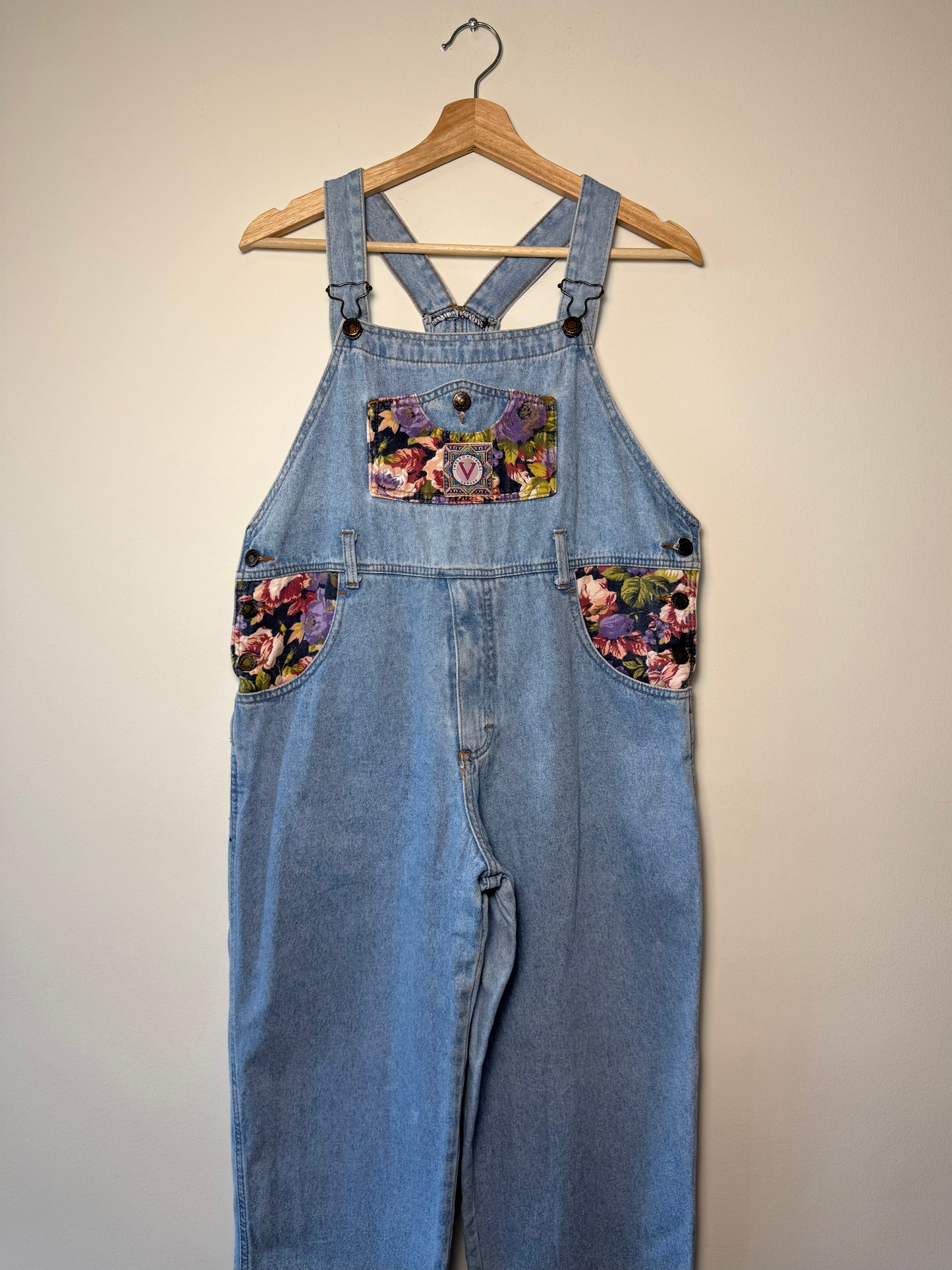 Vintage Women's Light-Wash Blue Floral Denim Overalls