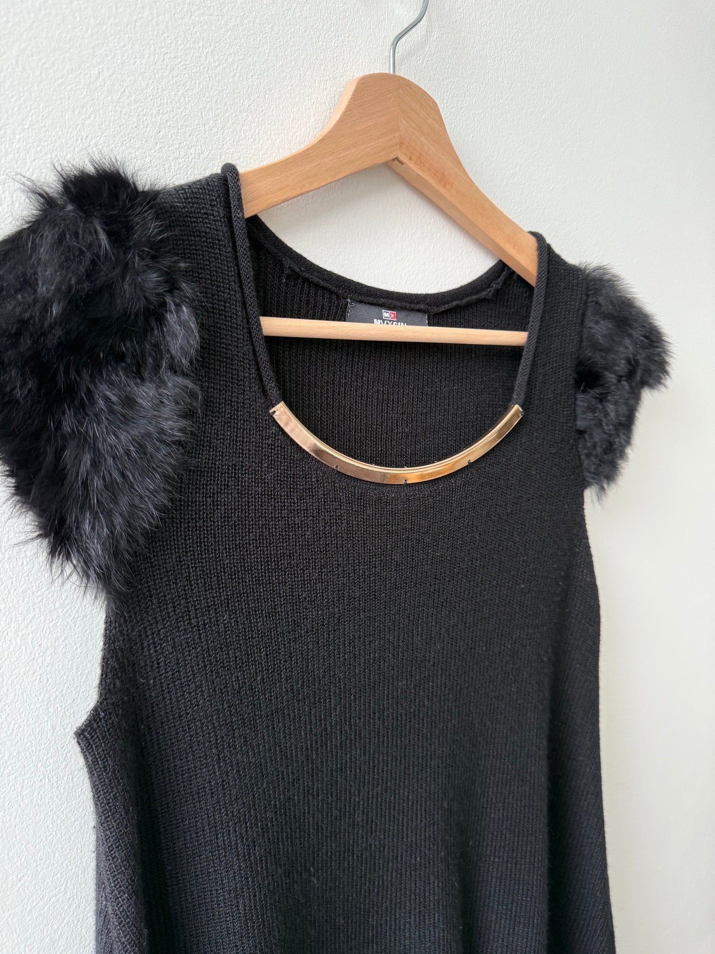 Y2K MVXSIN Women's Black Knit Top with Fur Shoulders & Silver Metal Detail
