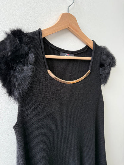 Y2K MVXSIN Women's Black Knit Top with Fur Shoulders & Silver Metal Detail