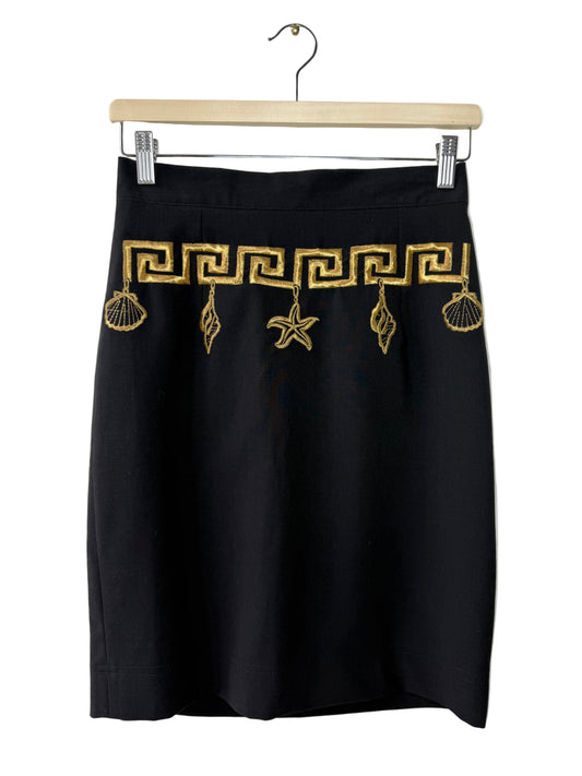 Vintage BESTINI Women's Black Pencil Skirt with Seashell Embroidery