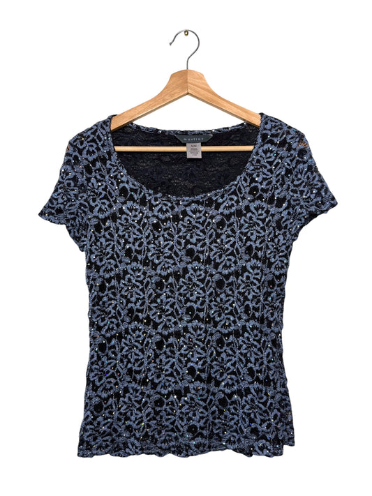 Y2K Mantles Women's Black & Blue Lace Short Sleeve Top with Rhinestones