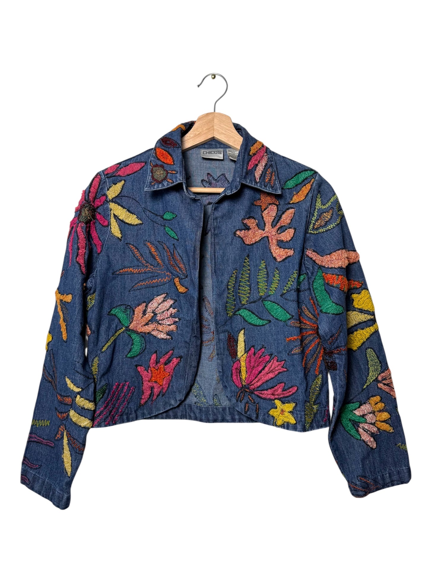 Vintage Y2K Women’s Chico's Open-Front Blue Denim Jacket with Colorful Floral Embroidery