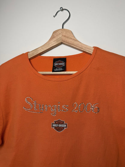 Y2K Harley Davidson Women's Orange Sturgis Rally T-shirt with Rhinestone Details