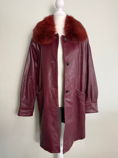 Vintage Women's Burgundy Leather Coat with Red Fur Collar