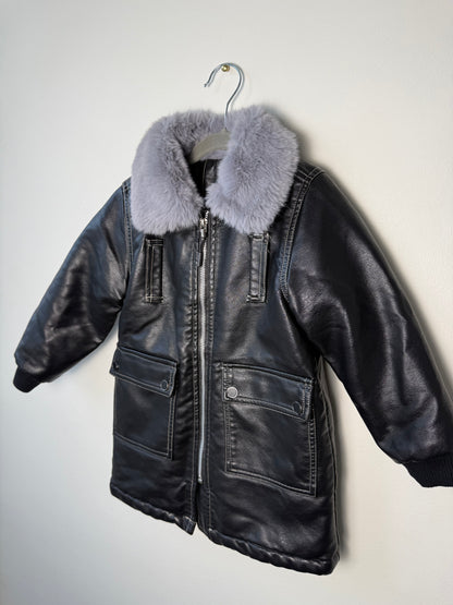 Y2K Girls' Black Long Leather Zip-Up Jacket with Grey Fur Collar