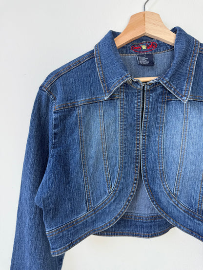 Y2K Zoey Beth Women's Cropped Denim Jacket with Silver Butterfly Patch