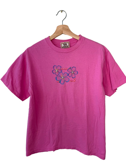 Vintage Top Stitch Women's Pink T-Shirt with Floral Embroidery
