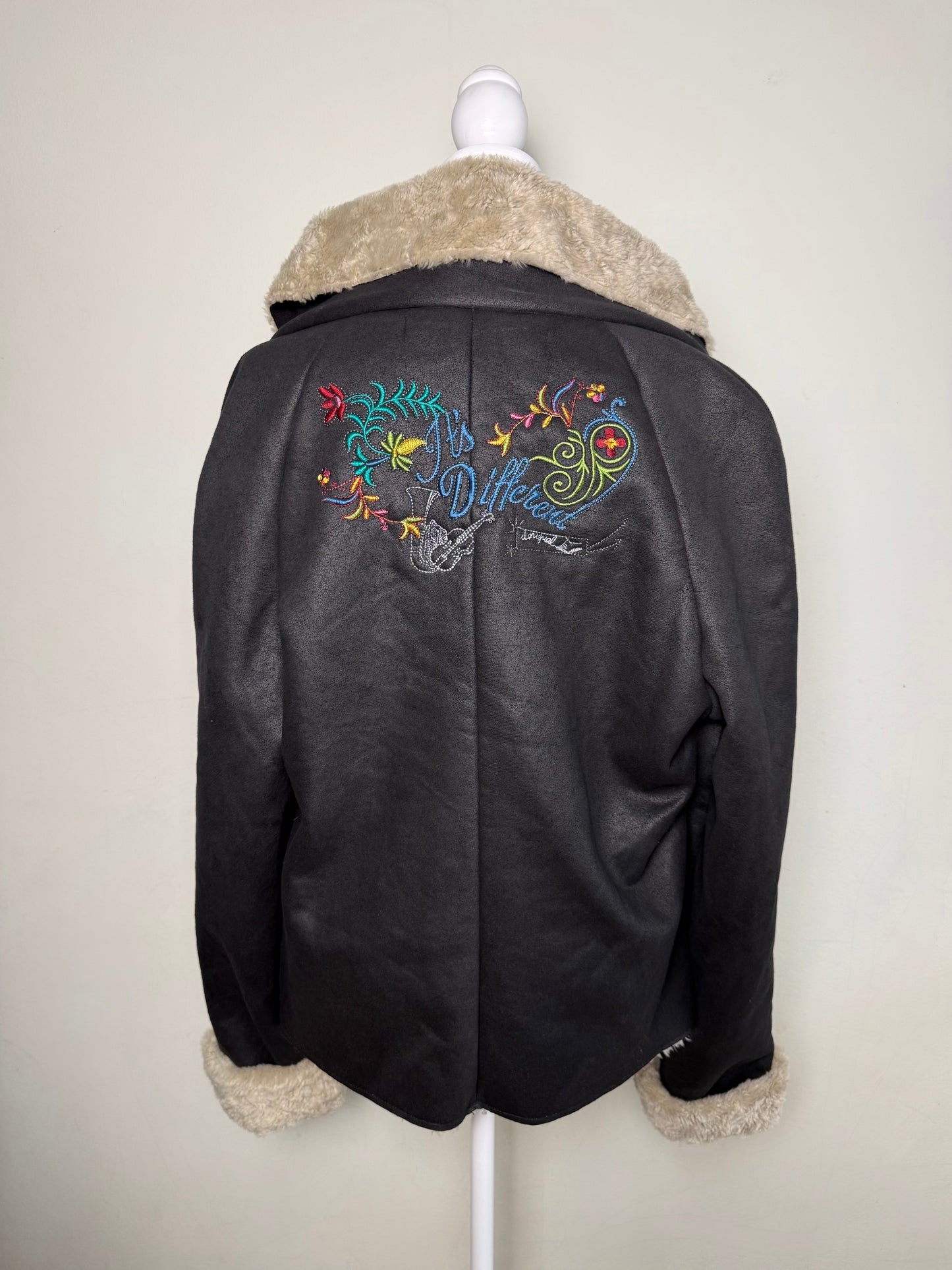 Y2K Desigual Rainbow Women's Black Faux Fur Black Jacket with Embroidery