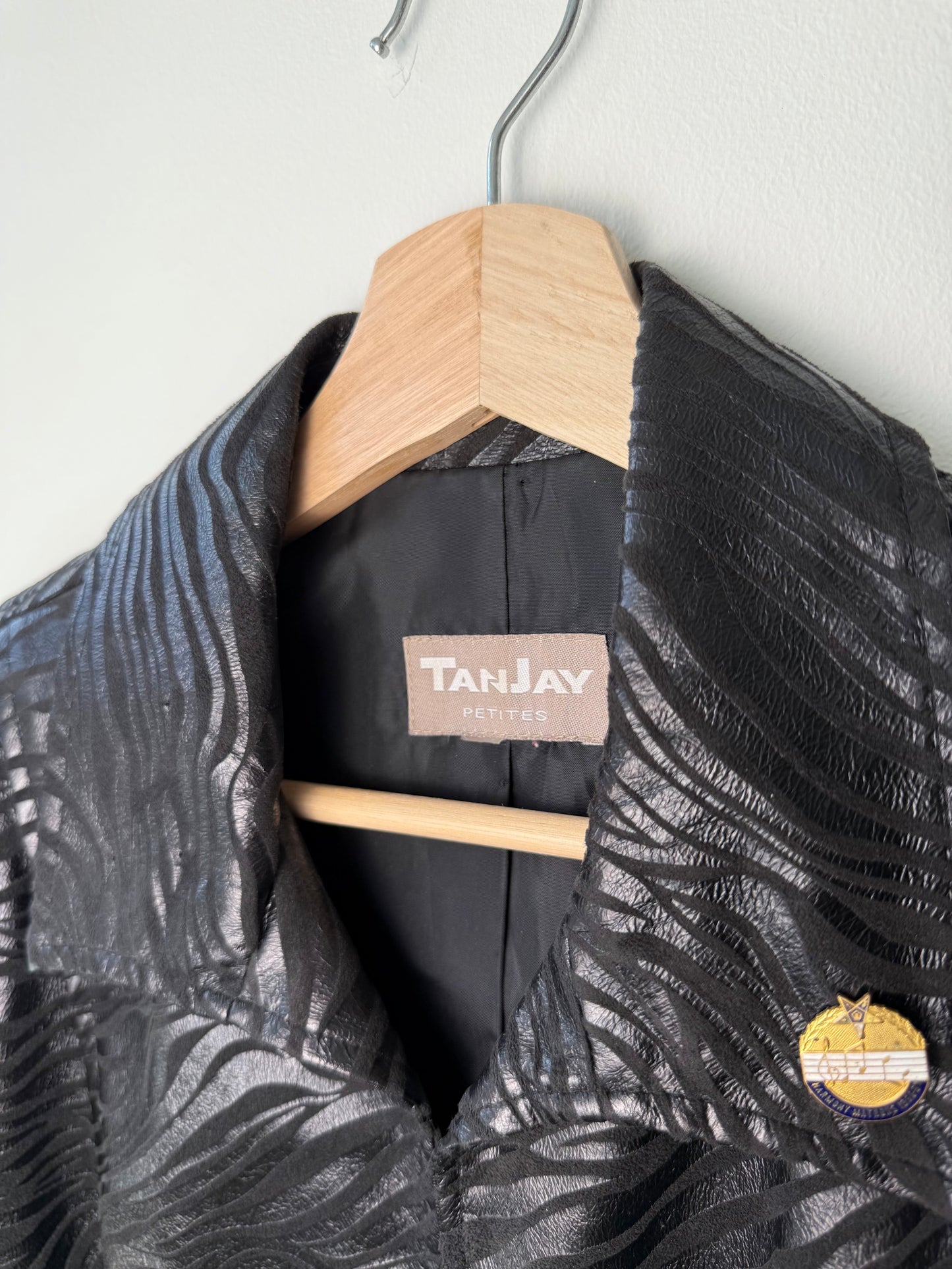 Vintage TANJAY Women's Black Zebra Patterned Jacket with Brooch Pin