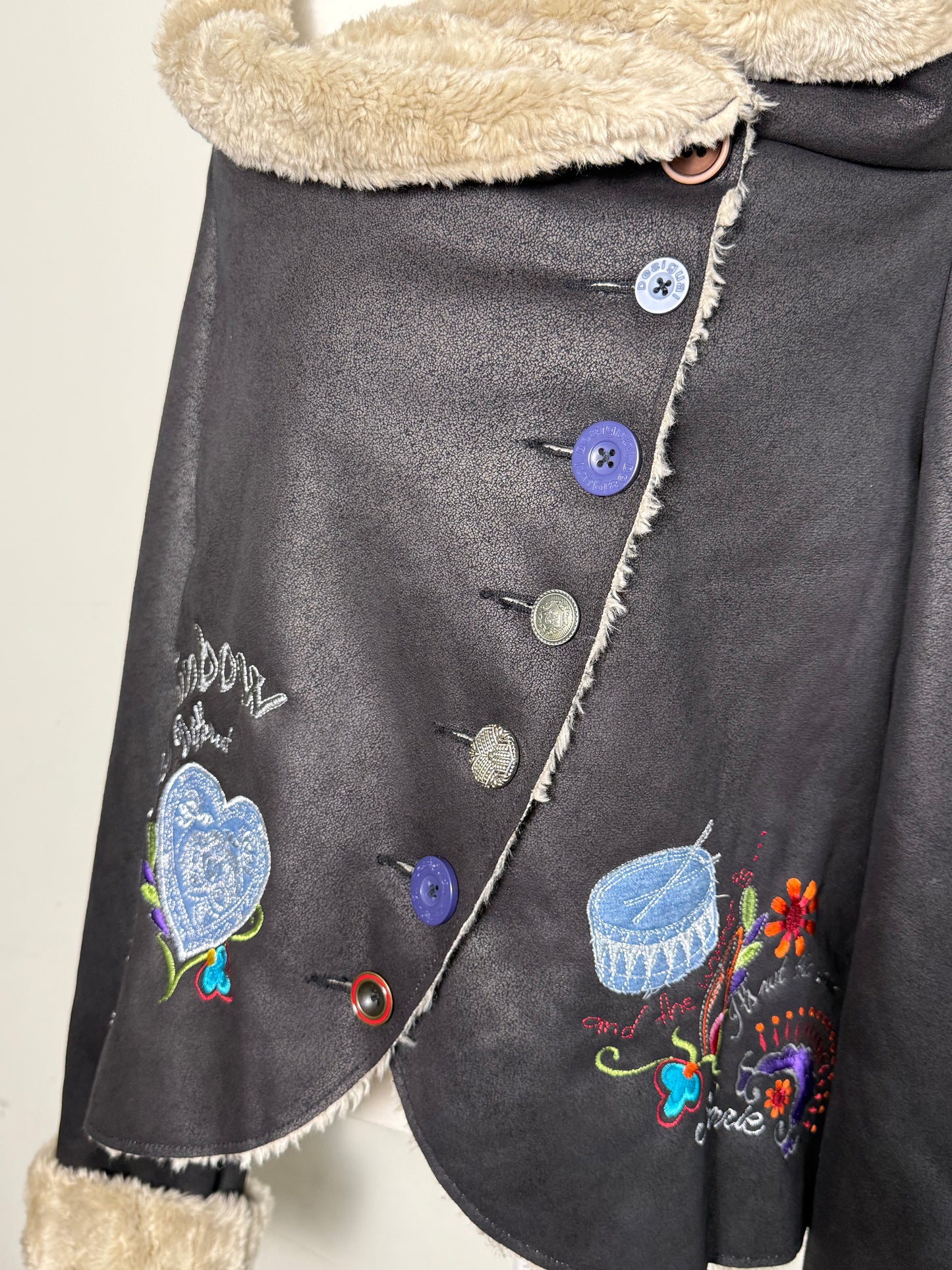 Y2K Desigual Rainbow Women's Black Faux Fur Black Jacket with Embroidery