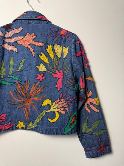 Vintage Y2K Women’s Chico's Open-Front Blue Denim Jacket with Colorful Floral Embroidery
