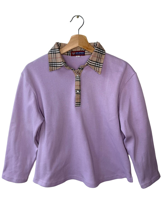 Y2K Women's Lavender Top with Beige Plaid Collar